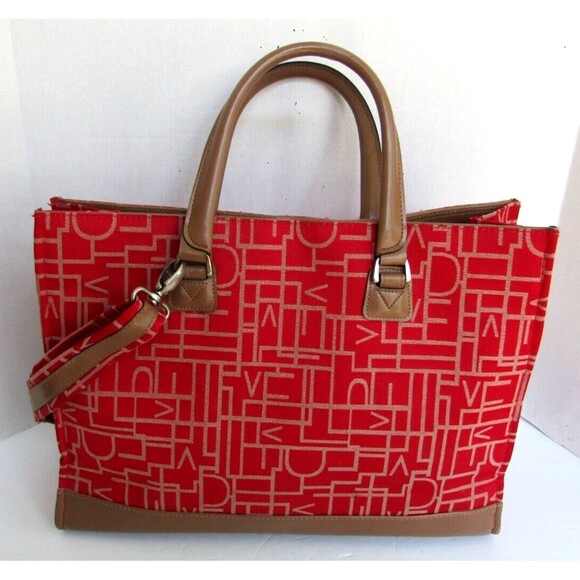 Diane Von Furstenberg Tote Bag Large Red Monogram Weekend Travel Canvas Leather - Picture 4 of 8